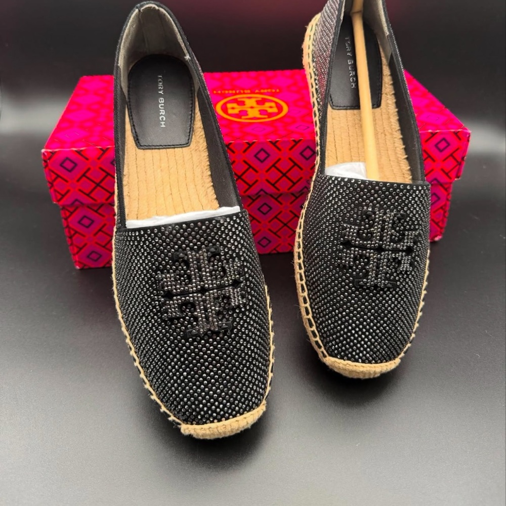Tory Burch Black Embellished Espadrille Flats